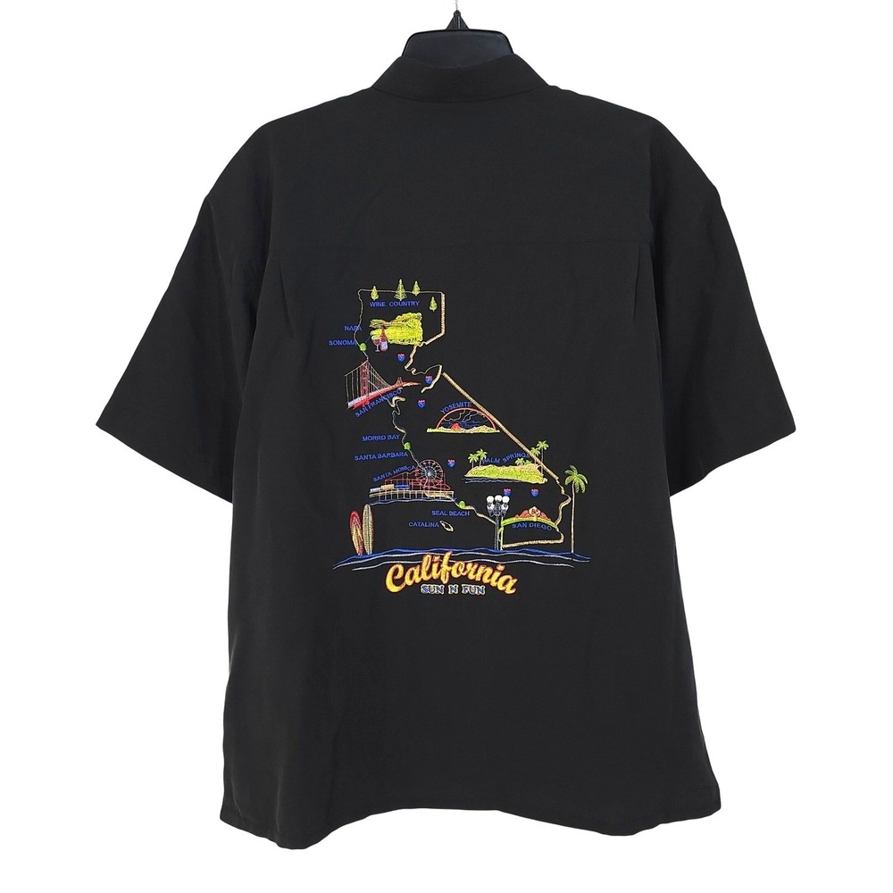Bamboo Cay California Sun N Fun Map Embroidered Button Up Shirt Men Medium Black